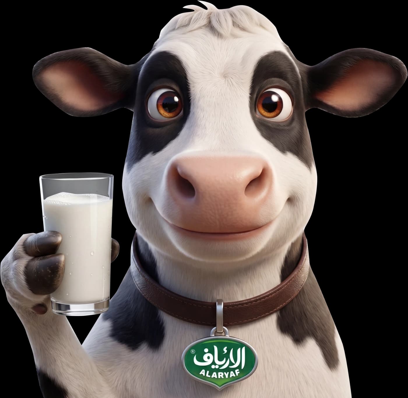 Al Aryaf mascot — a friendly cow raising a glass of fresh milk